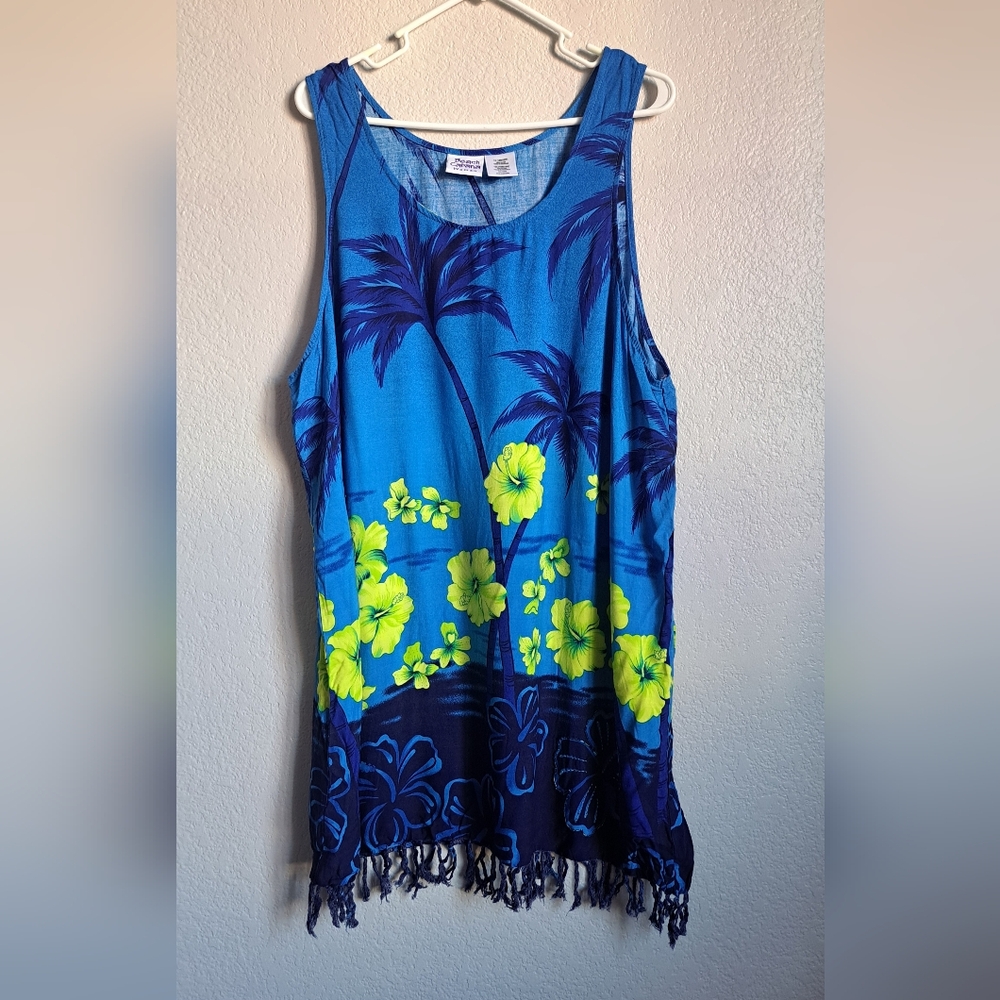 Beach Cabana Blue Yellow Floral Fringe Tropical Dress Swim Coverup Size 1X